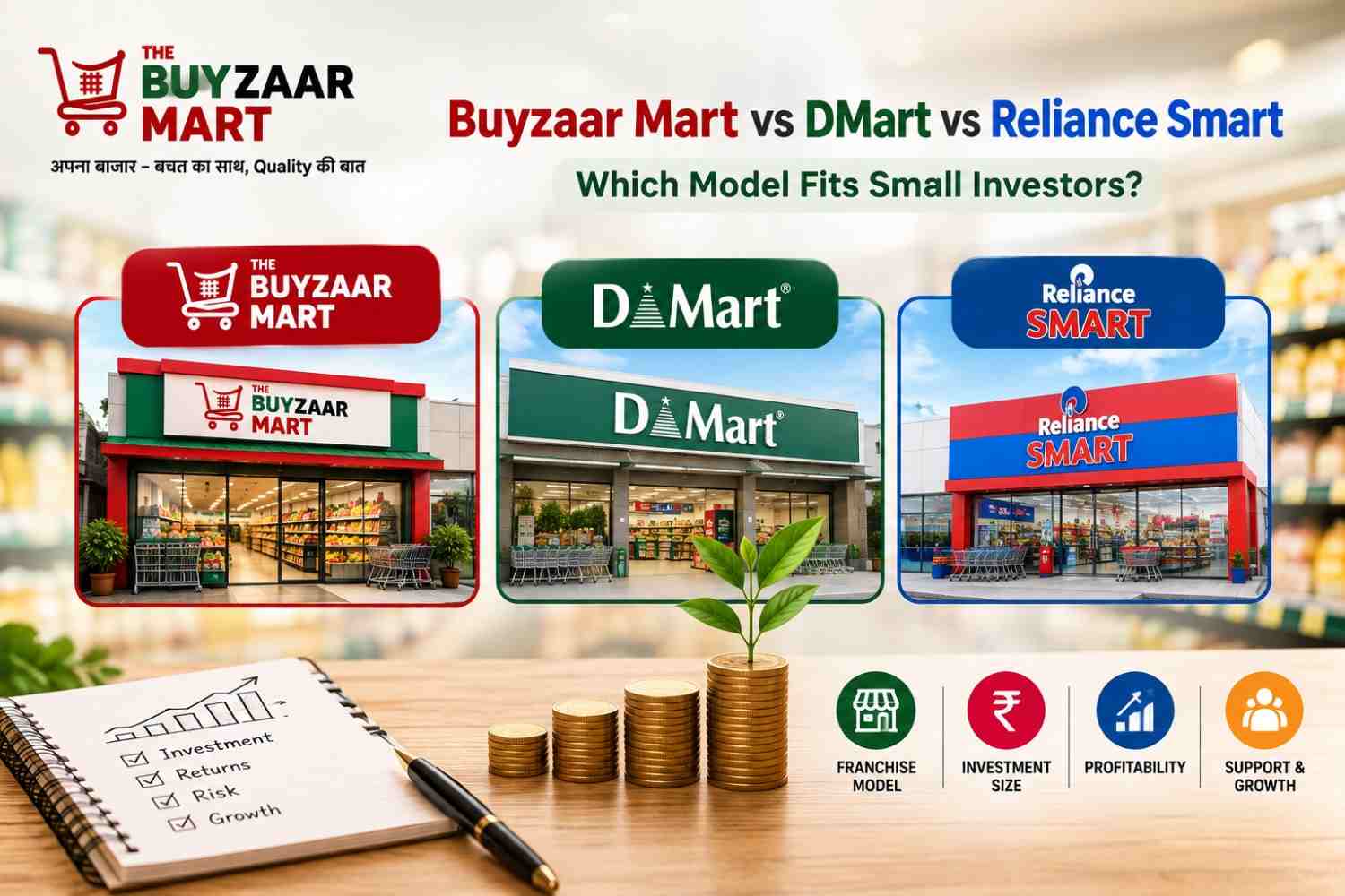 Buyzaar Mart vs DMart vs Reliance Smart: Which Model Fits Small Investors?